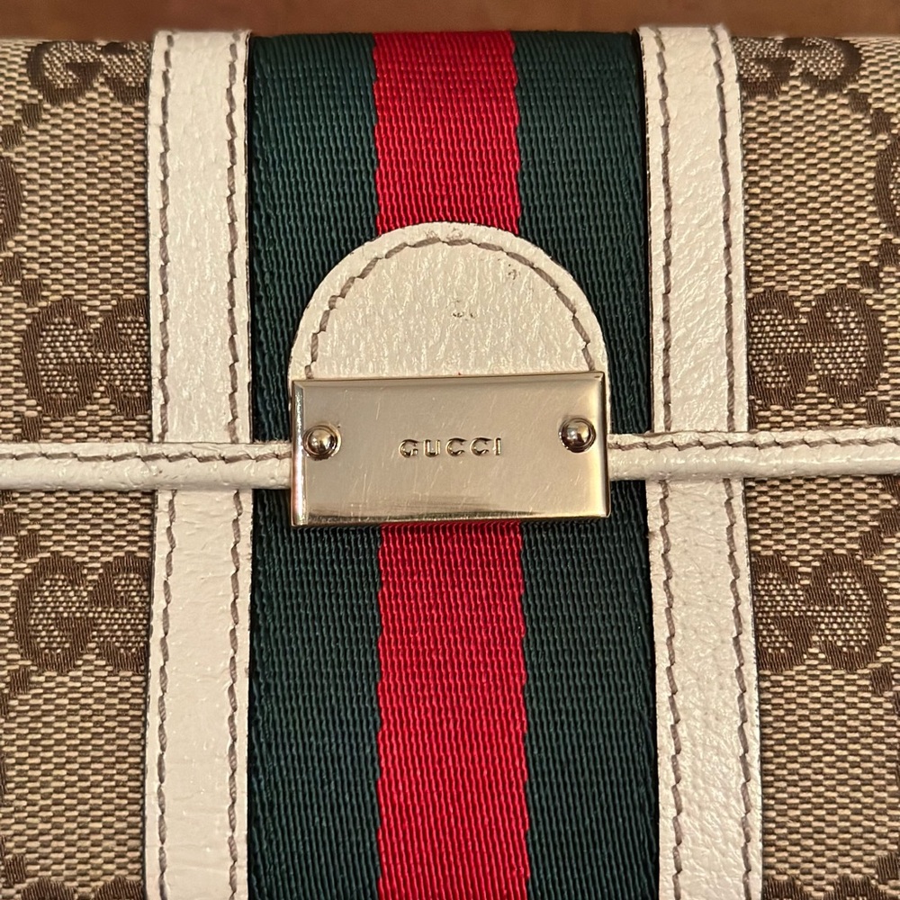 Gucci Ivory Leather/Canvas Monogram with Sherry Line Bifold Long Wallet - Picture 7 of 16